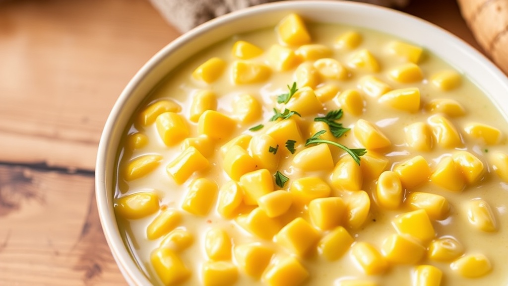 Classic Creamed Corn Recipe A serving of creamy creamed corn in a bowl, garnished with parsley, on a rustic wooden table.